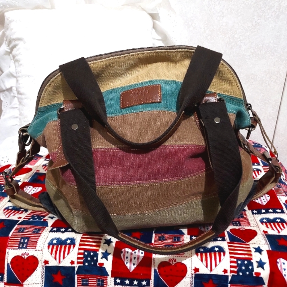 MANJIANGHONG CANVAS WITH LEATHER LARGE MULTI-COLOR SHOULDER BAG